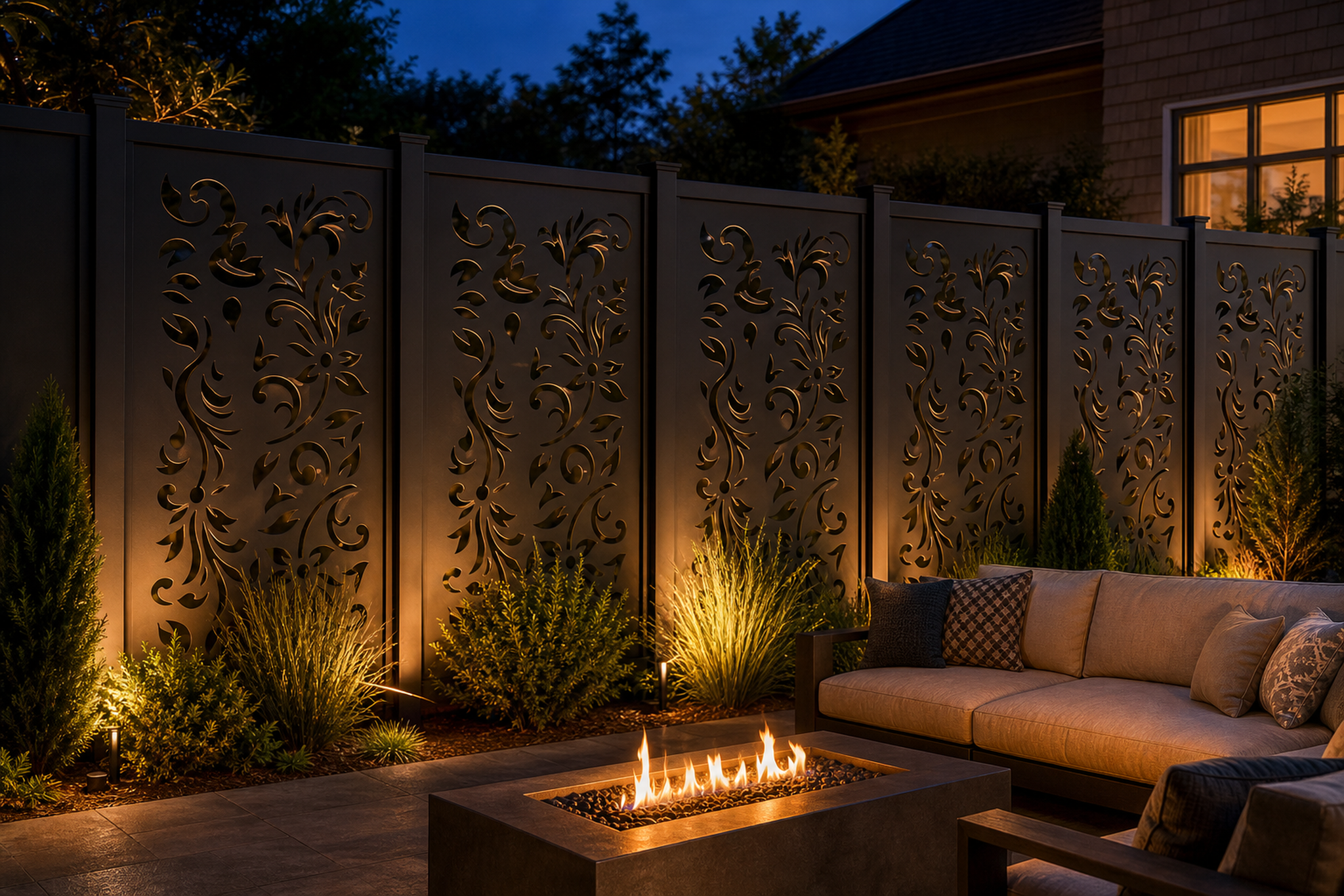 Design 177 Floral Corner Scroll Laser Cut Metal Privacy Screen Panel installed garden night lighting view