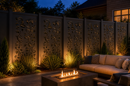 Design 177 Floral Corner Scroll Laser Cut Metal Privacy Screen Panel installed garden night lighting view