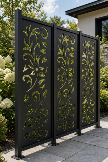 Design 177 Floral Corner Scroll Laser Cut Metal Privacy Screen Panel oblique angle view