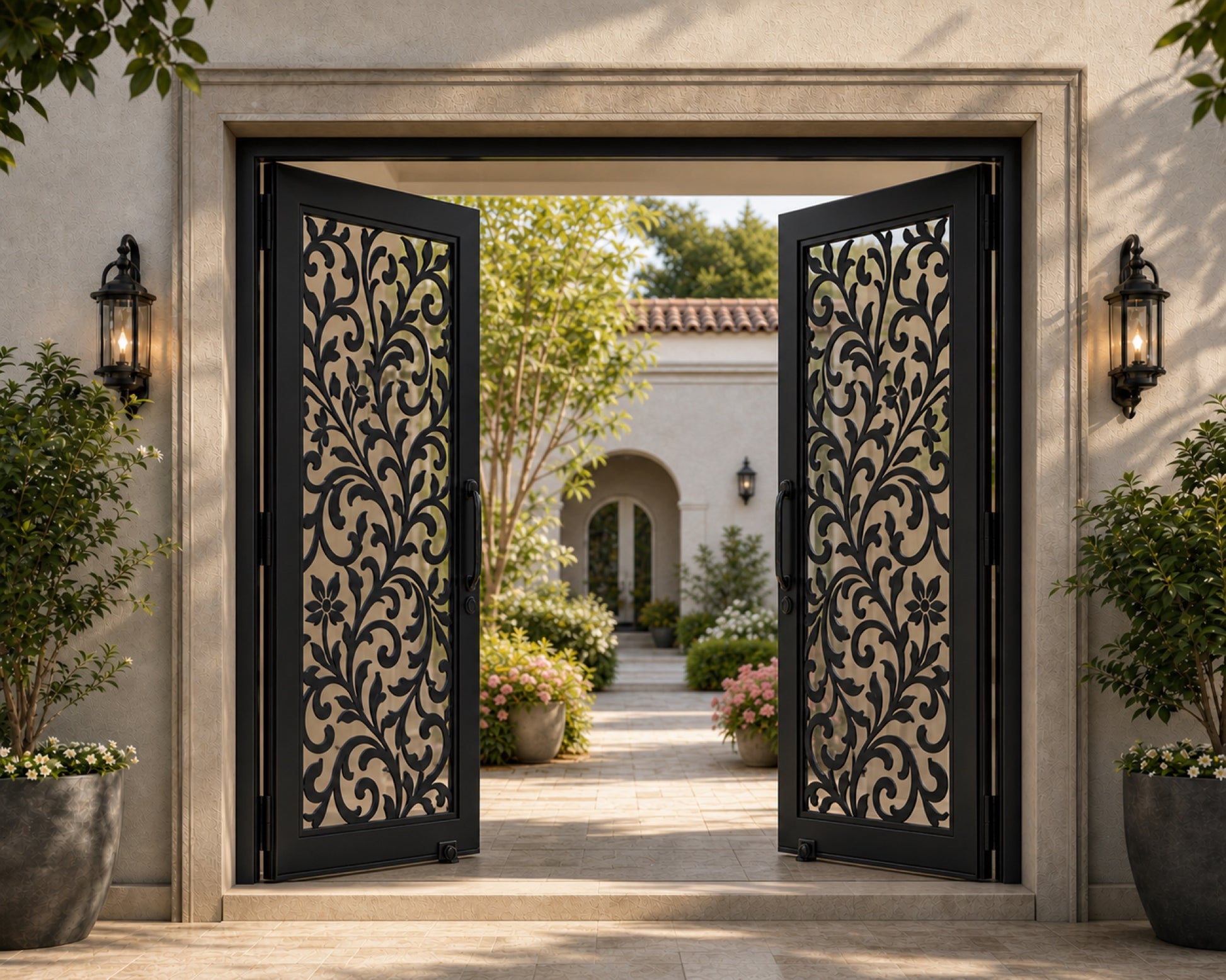 EONE Design 177 custom villa courtyard gate with floral vine lattice shown open in a luxury entrance scene
