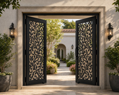 EONE Design 177 custom villa courtyard gate with floral vine lattice shown open in a luxury entrance scene