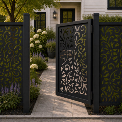 Design 177 large scroll leaf floral center black aluminium side gate open view
