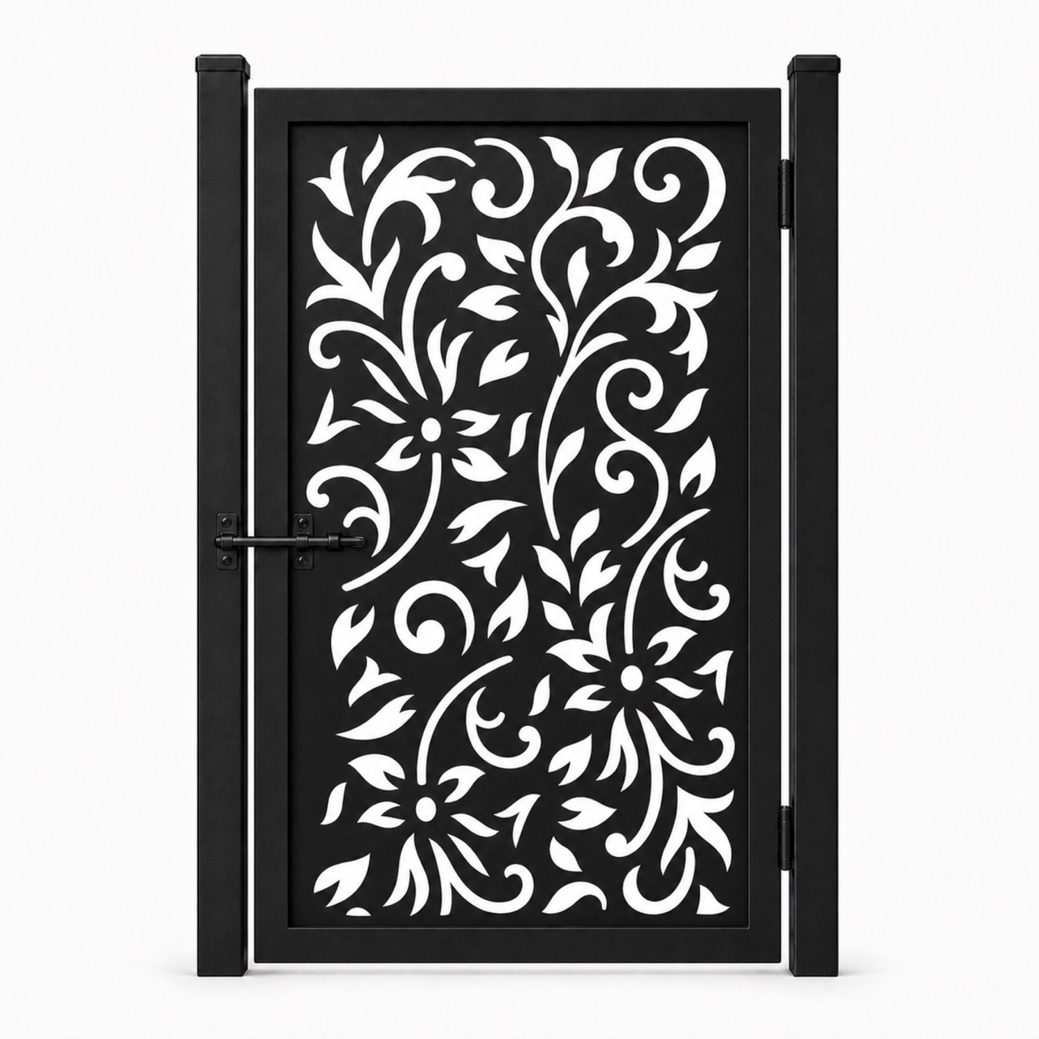 Design 177 large scroll leaf floral center black laser cut metal pedestrian gate closed view
