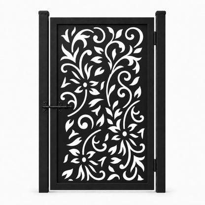 Design 177 large scroll leaf floral center black laser cut metal pedestrian gate closed view