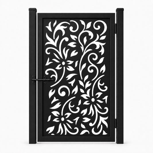 Design 177 large scroll leaf floral center black laser cut metal pedestrian gate closed view