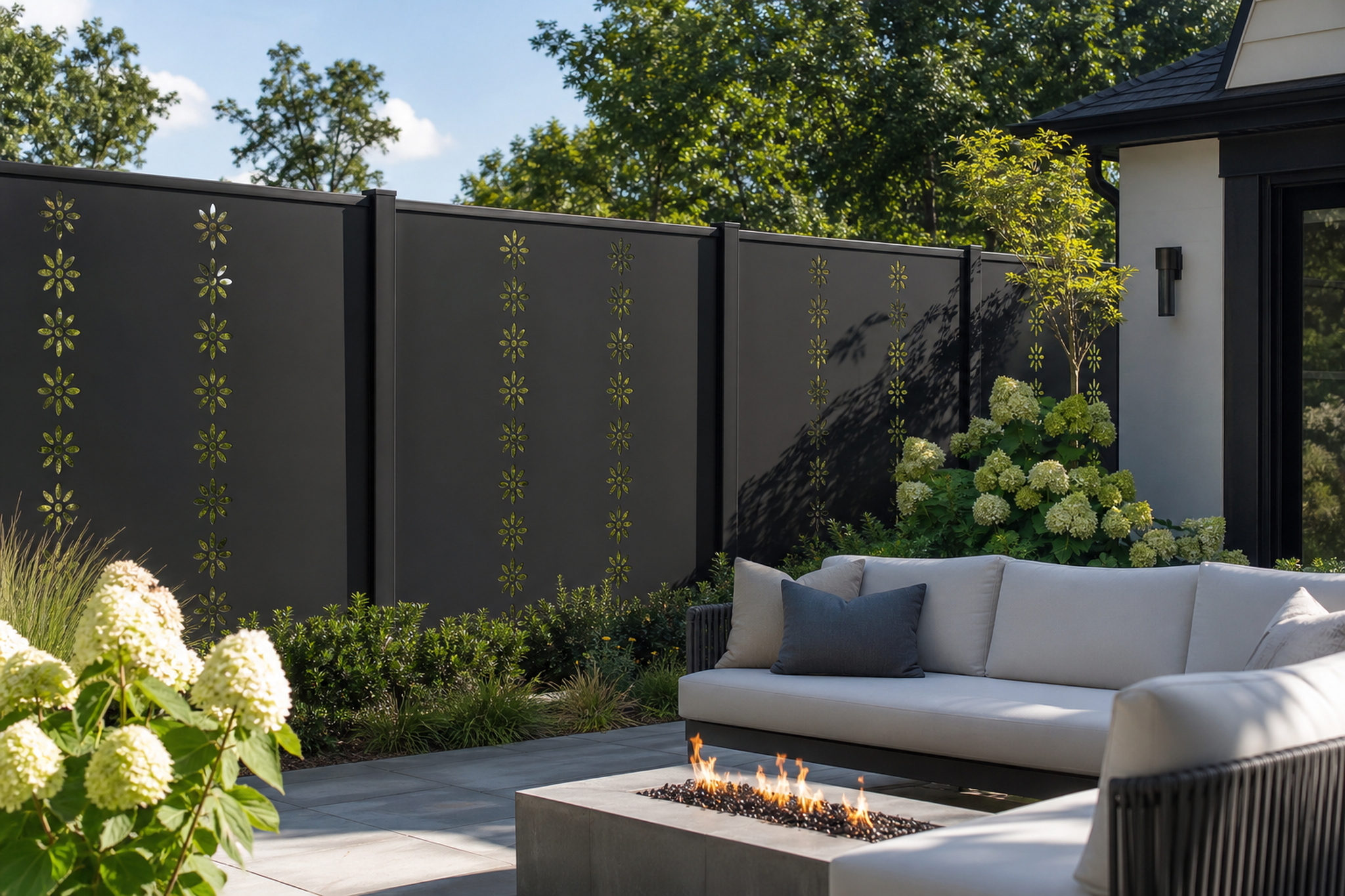 Design 178 Daisy Chain Laser Cut Metal Privacy Screen Panel installed garden daylight view