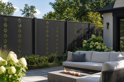 Design 178 Daisy Chain Laser Cut Metal Privacy Screen Panel installed garden daylight view