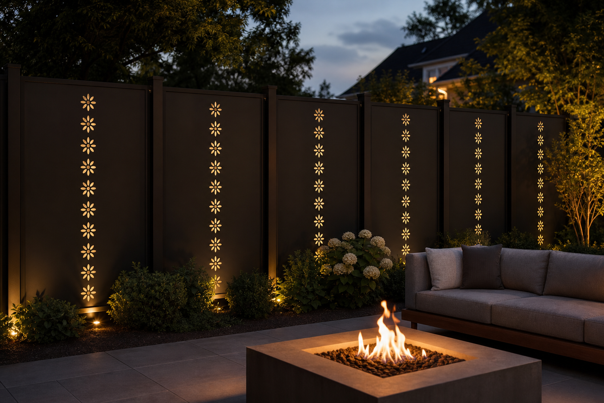 Design 178 Daisy Chain Laser Cut Metal Privacy Screen Panel installed garden night lighting view