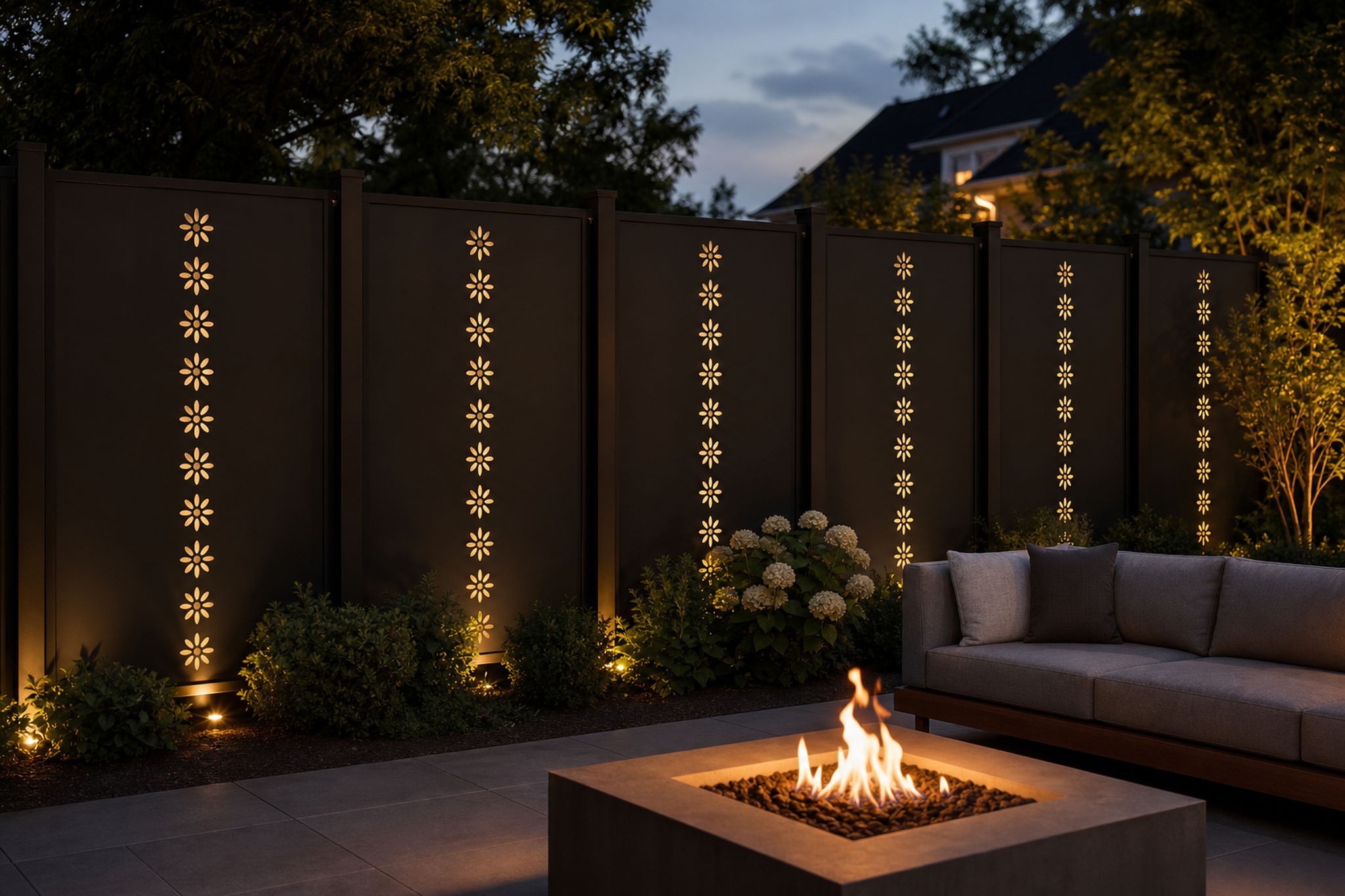 Design 178 Daisy Chain Laser Cut Metal Privacy Screen Panel installed garden night lighting view
