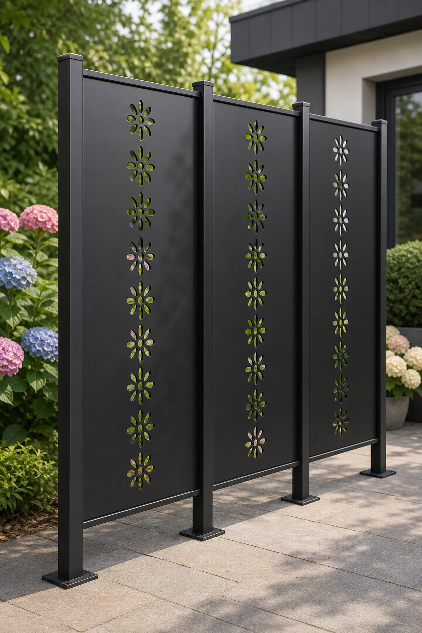 Design 178 Daisy Chain Laser Cut Metal Privacy Screen Panel oblique angle view