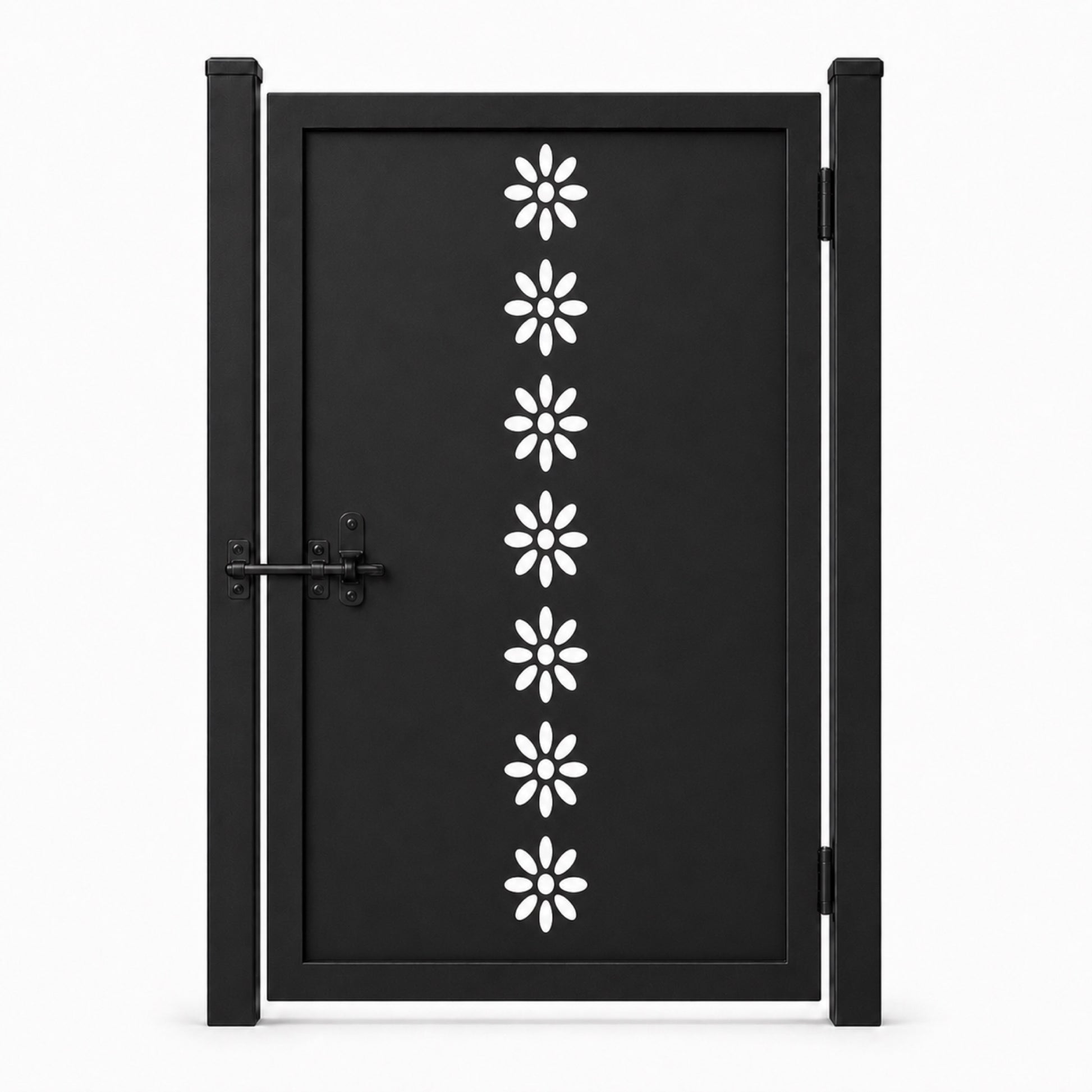 Design 178 single row daisy floral black laser cut metal pedestrian gate closed view