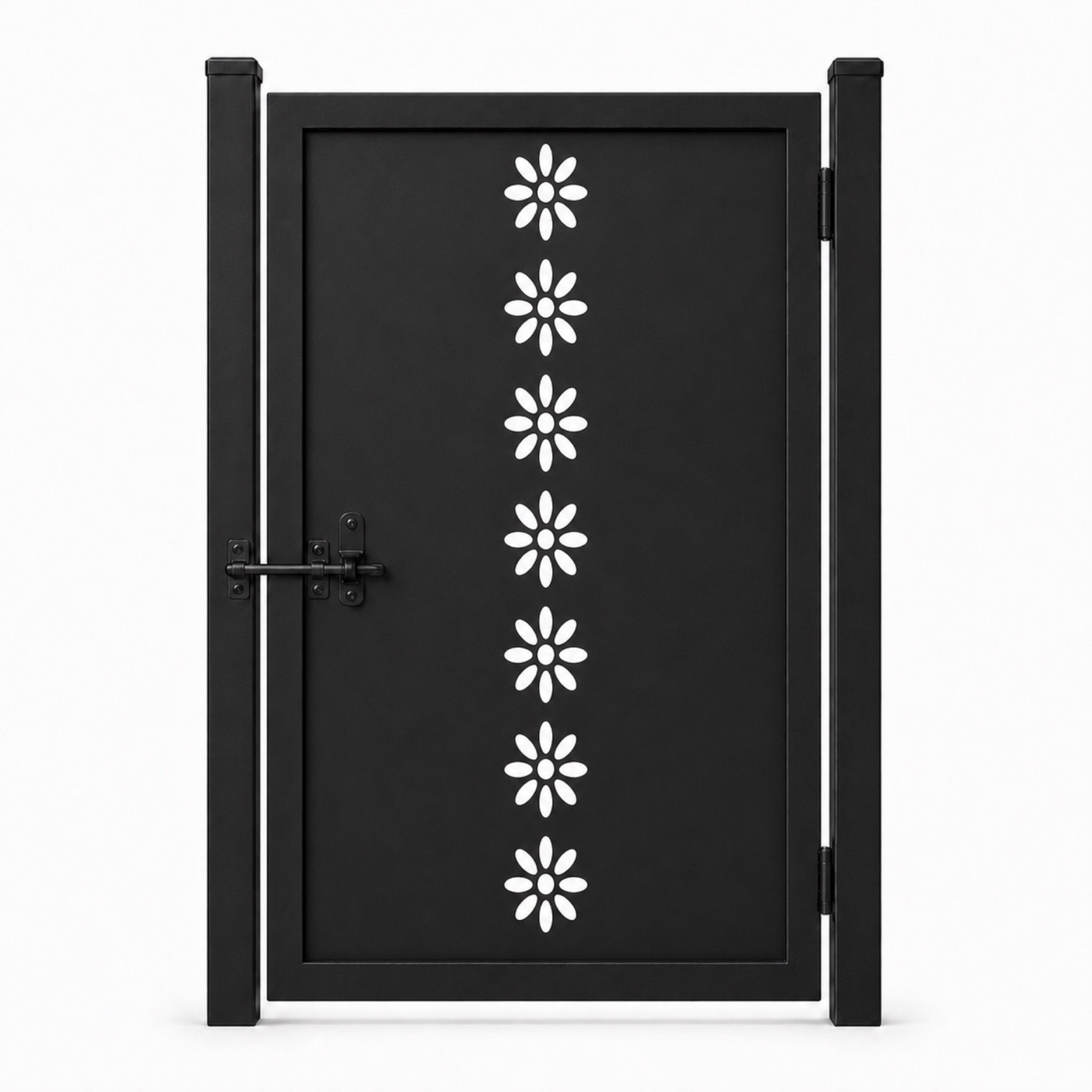 Design 178 single row daisy floral black laser cut metal pedestrian gate closed view