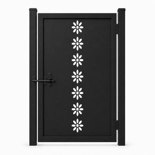 Design 178 single row daisy floral black laser cut metal pedestrian gate closed view