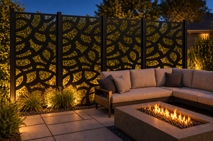 Design 179 Abstract Arc Mosaic Laser Cut Metal Privacy Screen Panel installed garden night lighting view