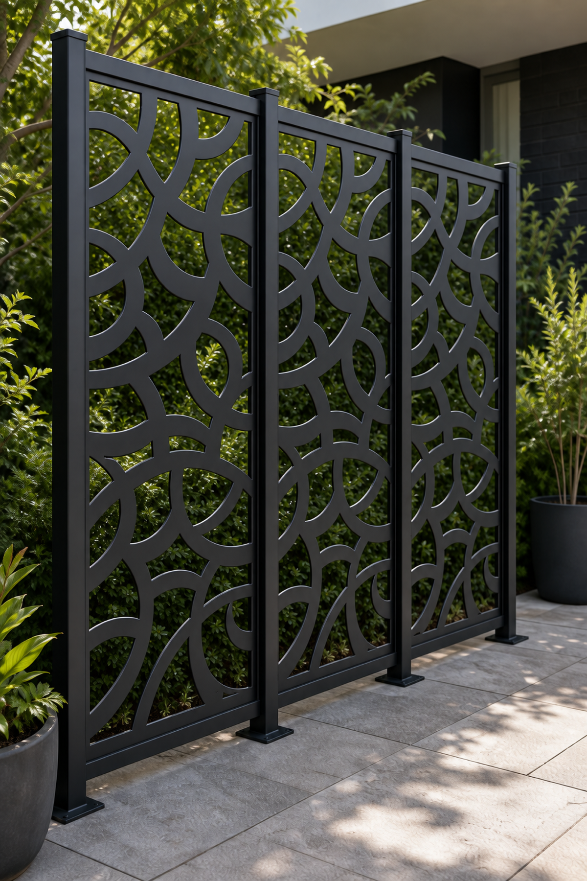 Design 179 Abstract Arc Mosaic Laser Cut Metal Privacy Screen Panel oblique angle view