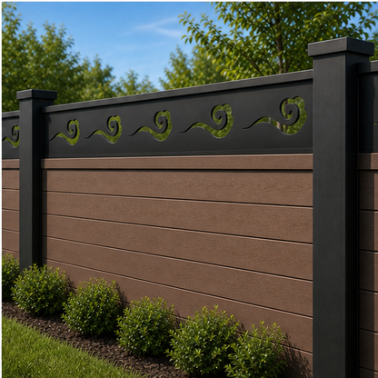 Small Curl Wave laser cut fence extension panel installed on composite fence, angle view, Design 179