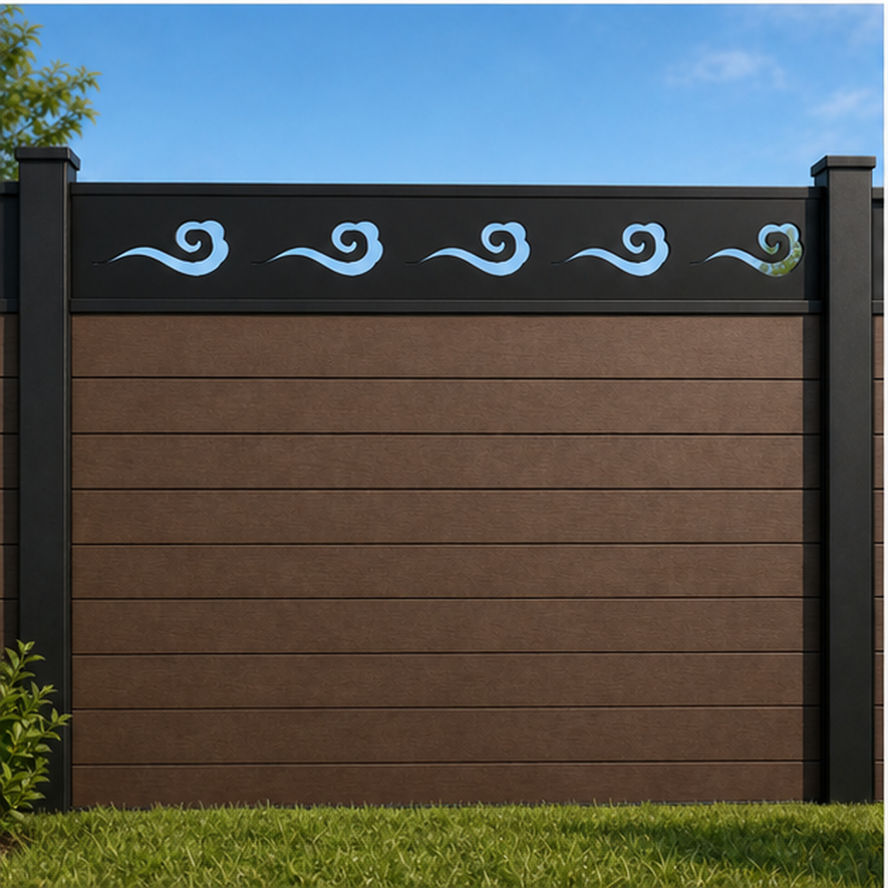 Small Curl Wave metal fence topper installed above WPC composite privacy fence, front view, Design 179