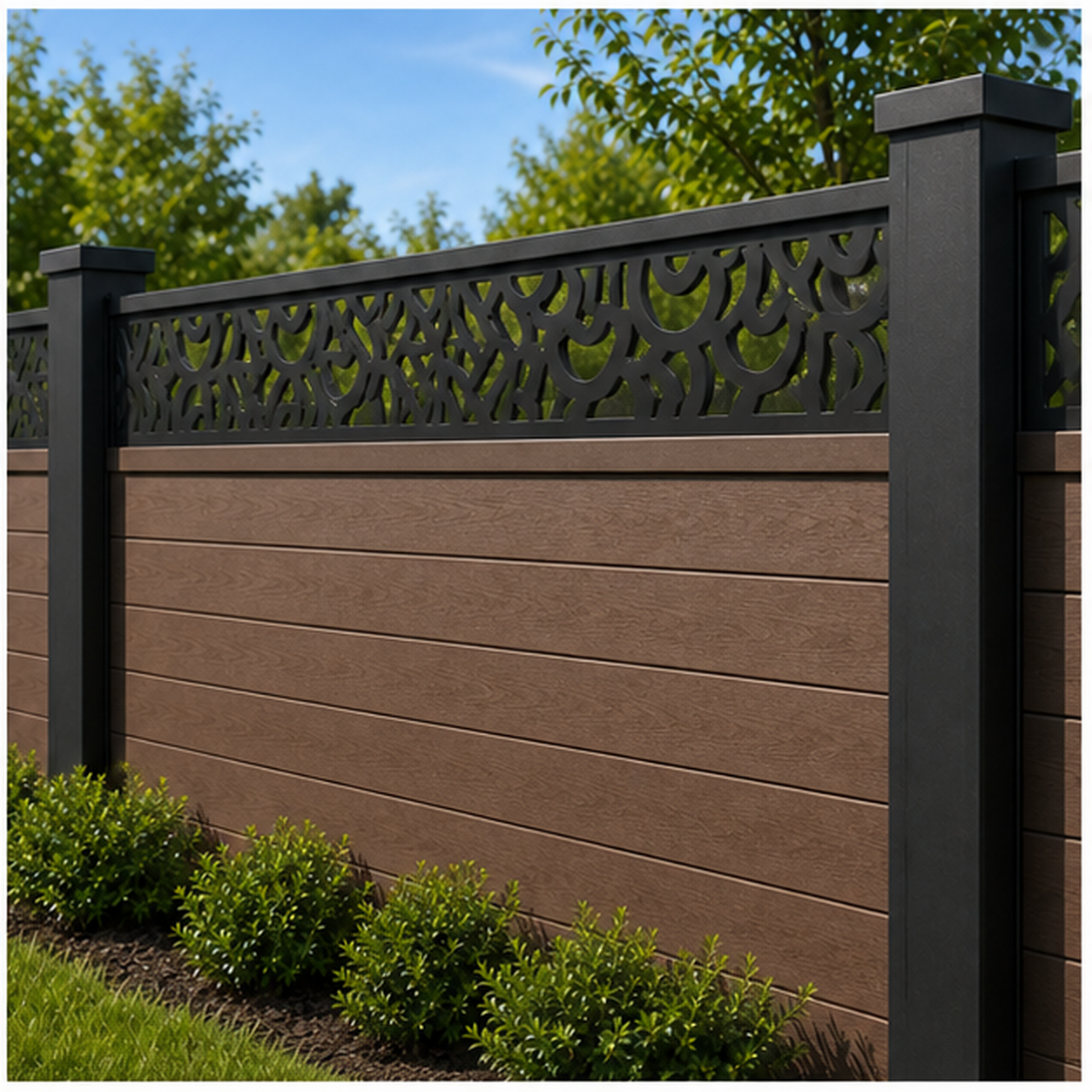 Dense Vine Scroll laser cut fence extension panel installed on composite fence, angle view, Design 180
