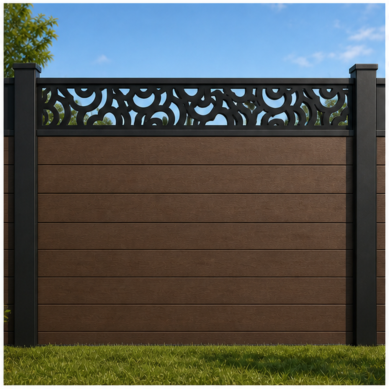 Dense Vine Scroll metal fence topper installed above WPC composite privacy fence, front view, Design 180
