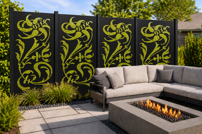 Design 180 Rose Rooster Garden Laser Cut Metal Privacy Screen Panel installed garden daylight view