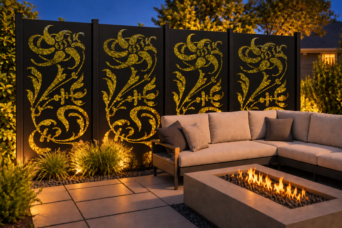 Design 180 Rose Rooster Garden Laser Cut Metal Privacy Screen Panel installed garden night lighting view