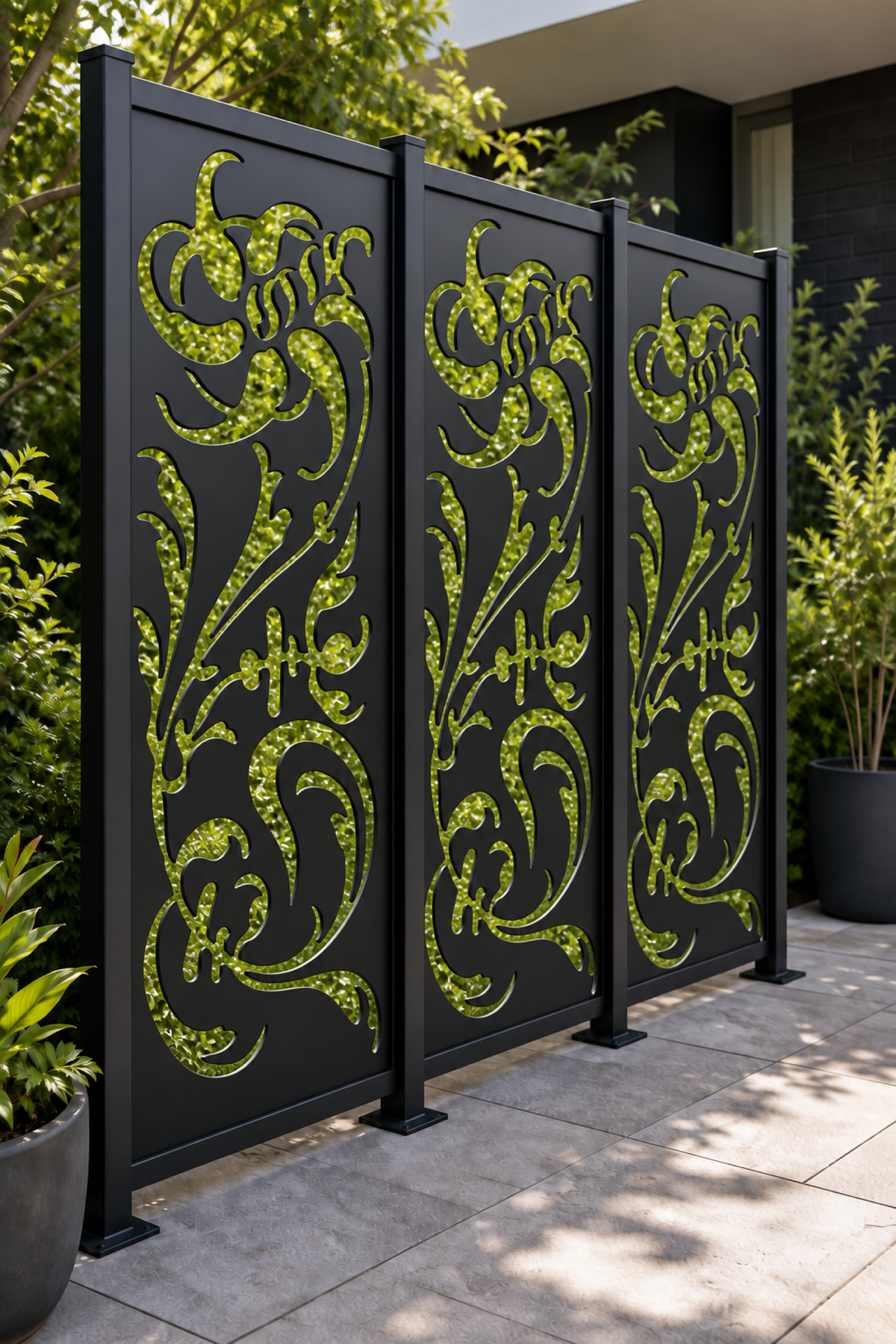 Design 180 Rose Rooster Garden Laser Cut Metal Privacy Screen Panel oblique angle view