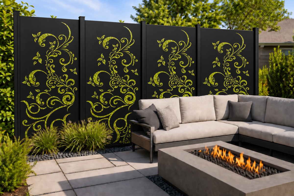 Design 181 Ascending Floral Scroll Laser Cut Metal Privacy Screen Panel installed garden daylight view