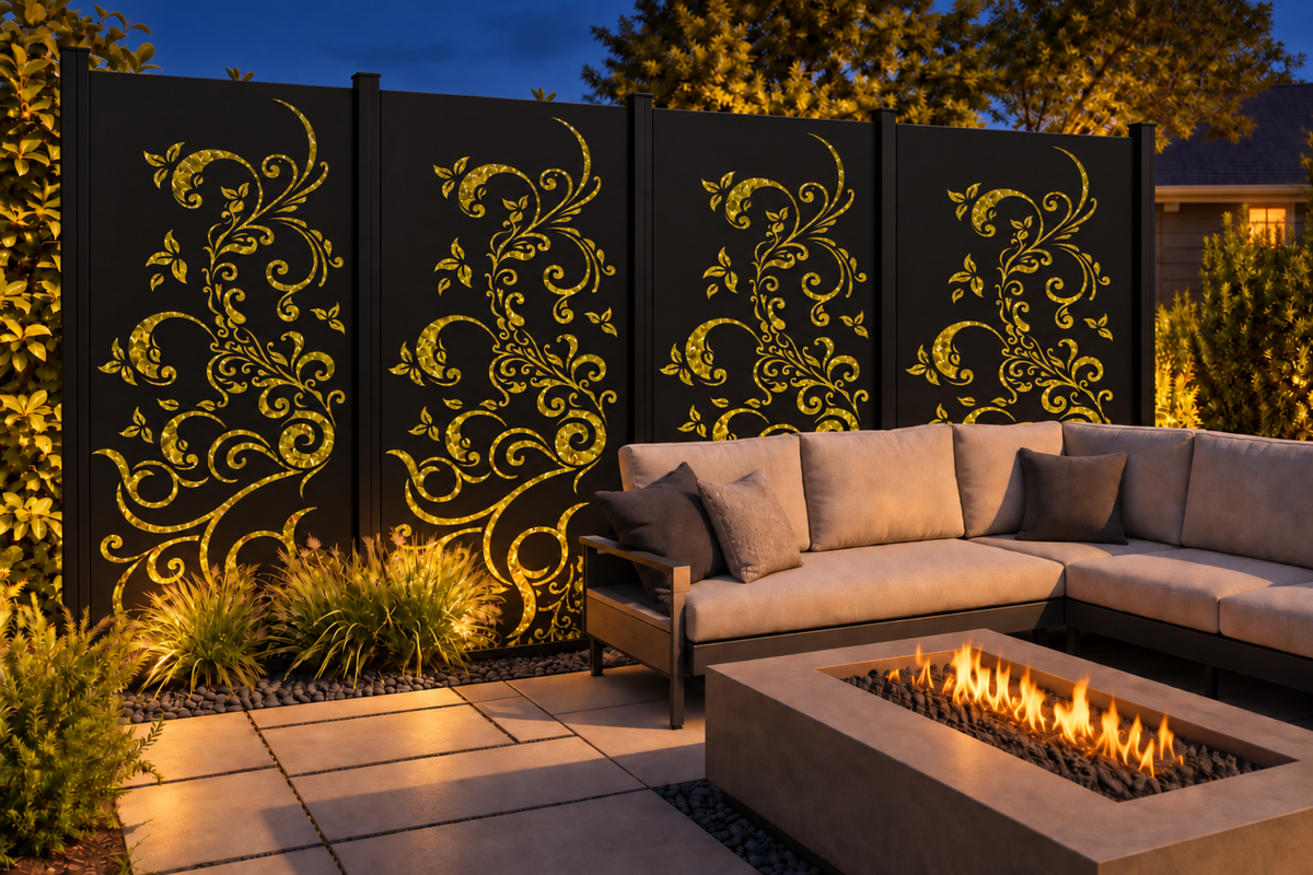 Design 181 Ascending Floral Scroll Laser Cut Metal Privacy Screen Panel installed garden night lighting view