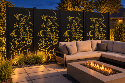 Design 181 Ascending Floral Scroll Laser Cut Metal Privacy Screen Panel installed garden night lighting view