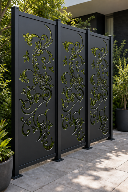 Design 181 Ascending Floral Scroll Laser Cut Metal Privacy Screen Panel oblique angle view