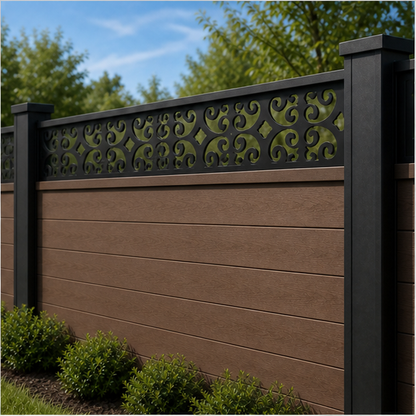 Tiny Floral Star Grid laser cut fence extension panel installed on composite fence, angle view, Design 181