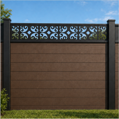 Tiny Floral Star Grid metal fence topper installed above WPC composite privacy fence, front view, Design 181
