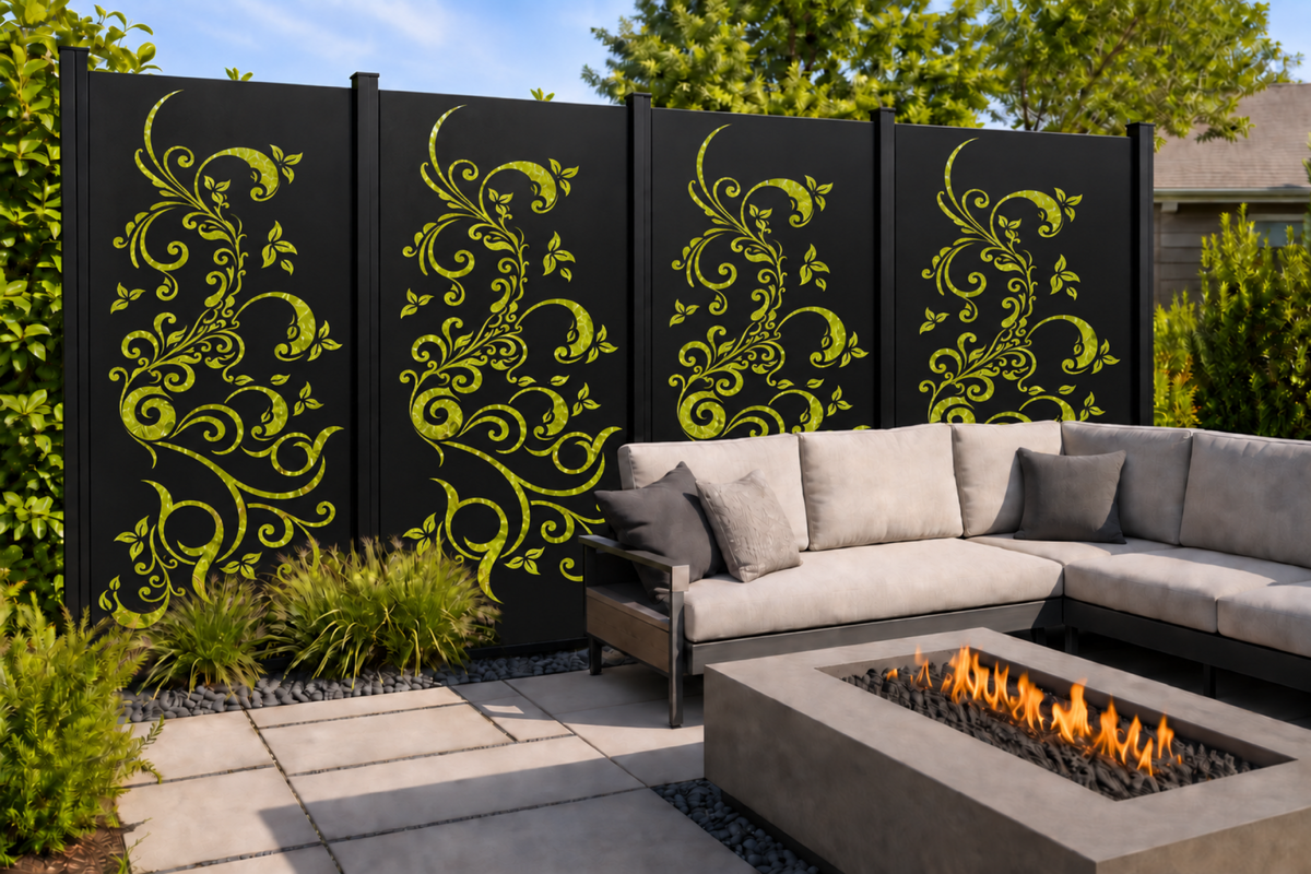 Design 182 Descending Floral Scroll Laser Cut Metal Privacy Screen Panel installed garden daylight view