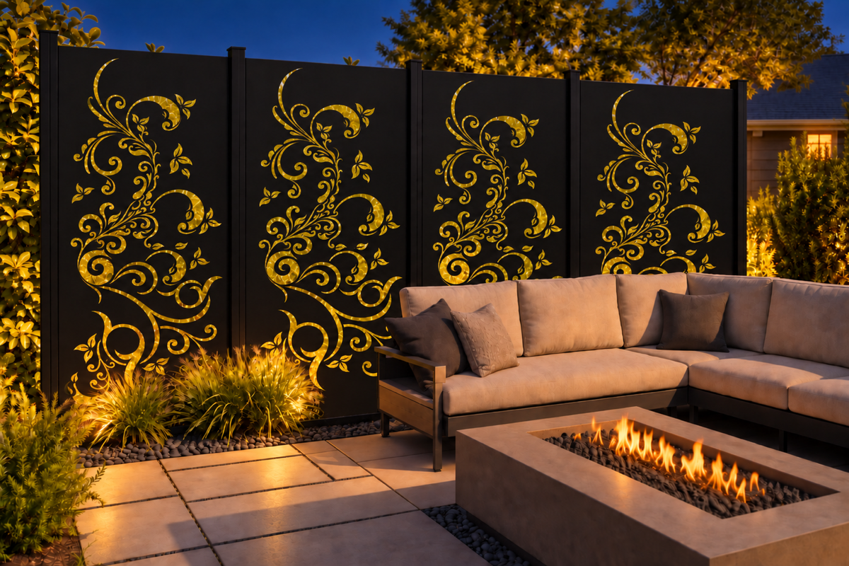 Design 182 Descending Floral Scroll Laser Cut Metal Privacy Screen Panel installed garden night lighting view