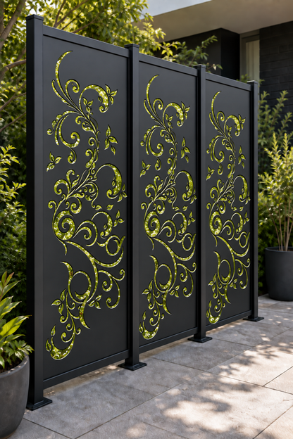 Design 182 Descending Floral Scroll Laser Cut Metal Privacy Screen Panel oblique angle view