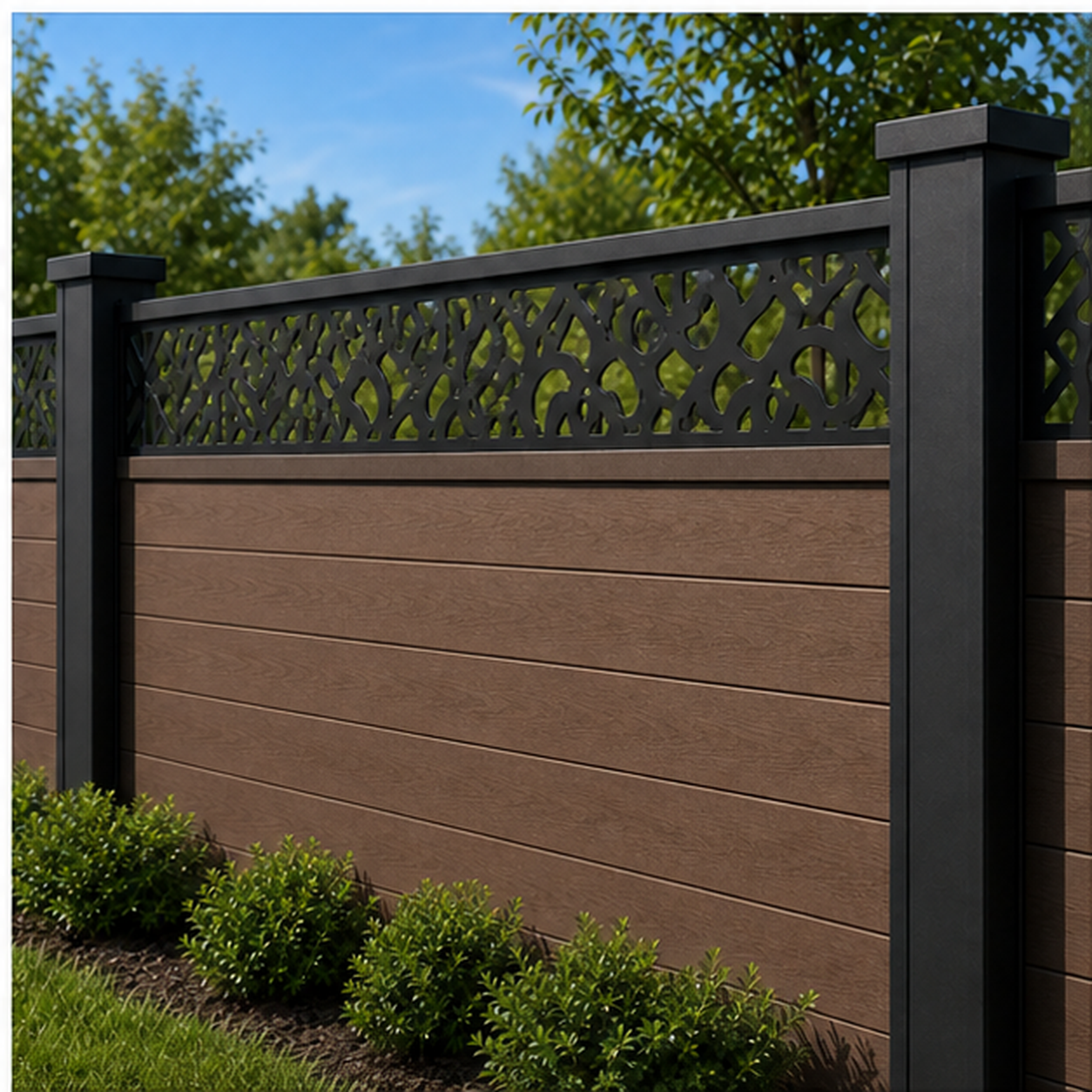 Diamond Blossom Mesh laser cut fence extension panel installed on composite fence, angle view, Design 182