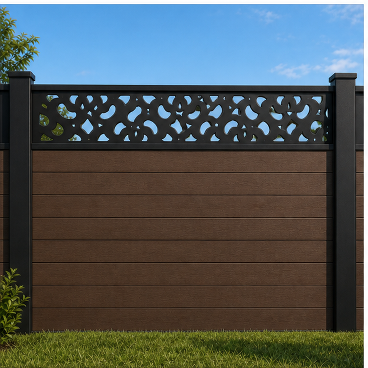 Diamond Blossom Mesh metal fence topper installed above WPC composite privacy fence, front view, Design 182