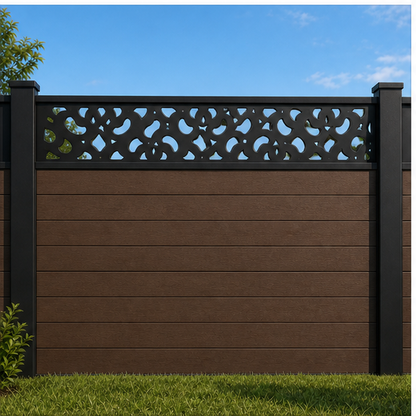 Diamond Blossom Mesh metal fence topper installed above WPC composite privacy fence, front view, Design 182