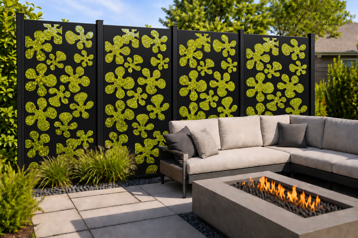Design 183 Clover Bloom Cluster Laser Cut Metal Privacy Screen Panel installed garden daylight view