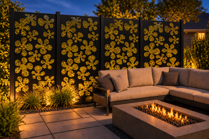 Design 183 Clover Bloom Cluster Laser Cut Metal Privacy Screen Panel installed garden night lighting view