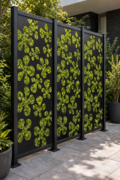 Design 183 Clover Bloom Cluster Laser Cut Metal Privacy Screen Panel oblique angle view