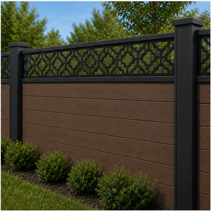 Interlaced Diamond Band laser cut fence extension panel installed on composite fence, angle view, Design 183