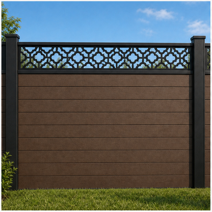 Interlaced Diamond Band metal fence topper installed above WPC composite privacy fence, front view, Design 183