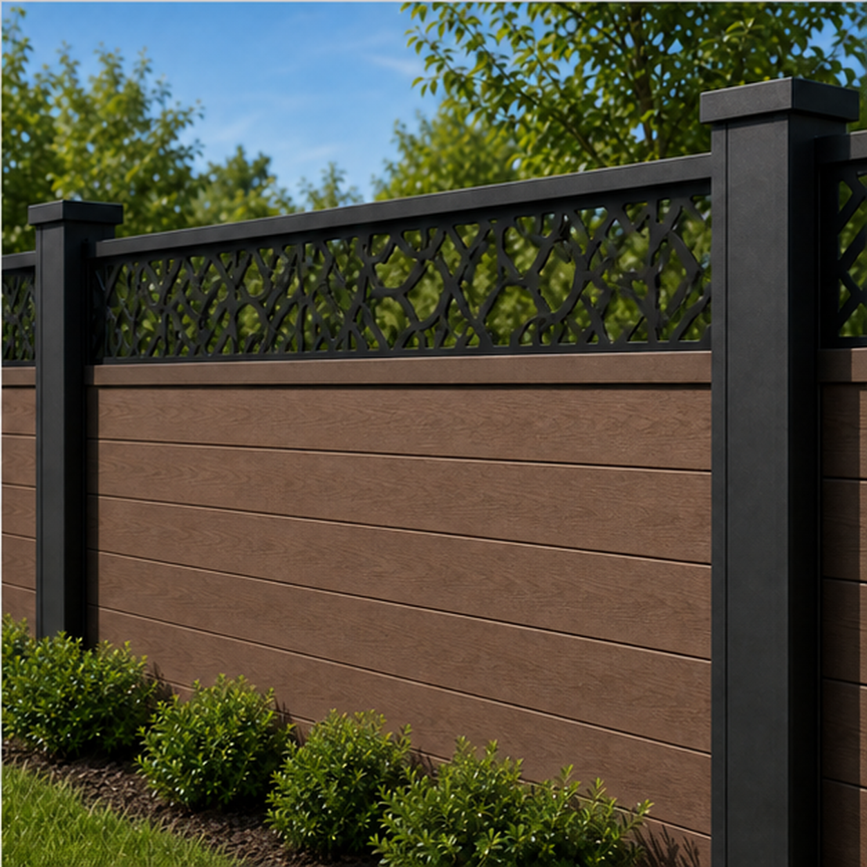 Angular Leaf Diamond laser cut fence extension panel installed on composite fence, angle view, Design 184