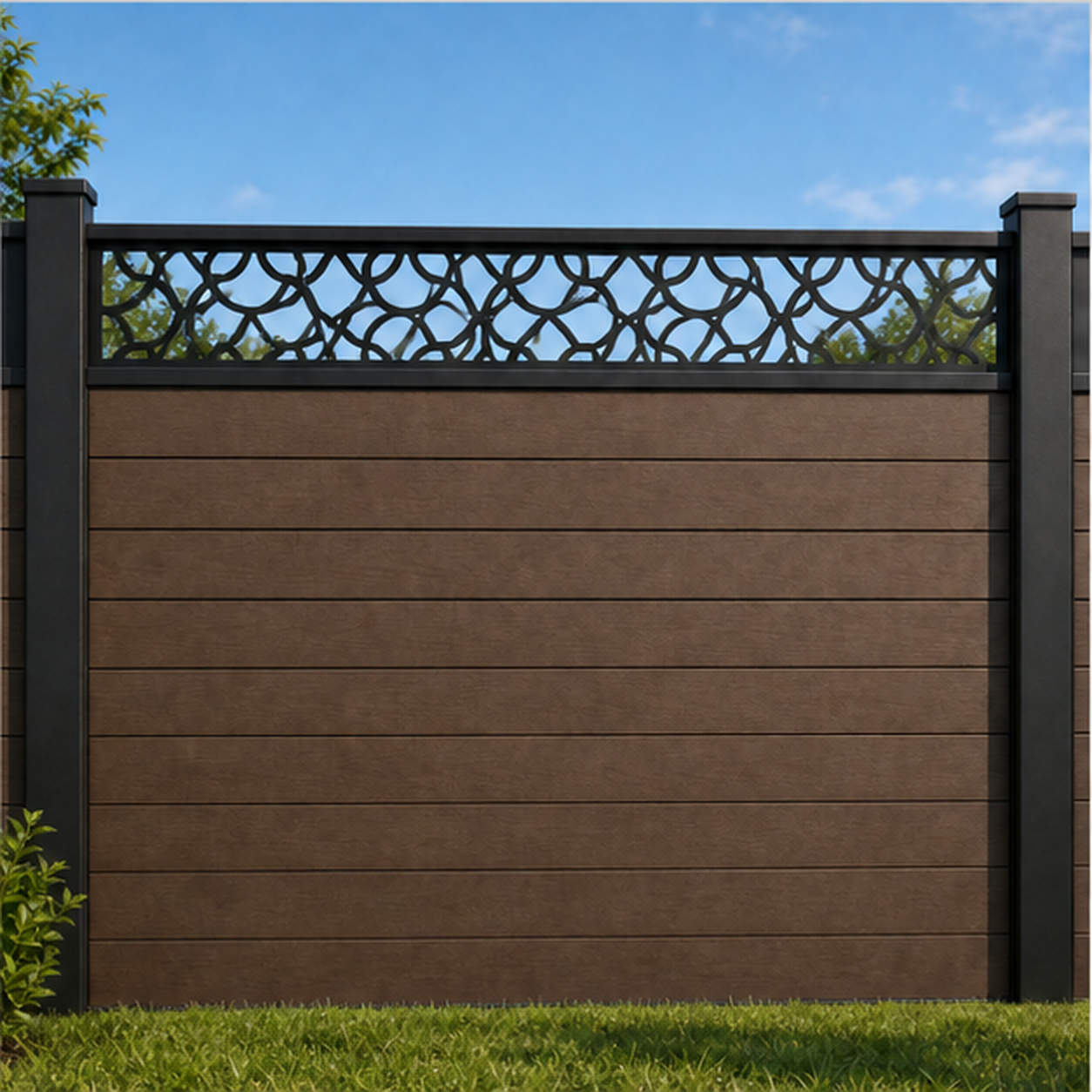 Angular Leaf Diamond metal fence topper installed above WPC composite privacy fence, front view, Design 184