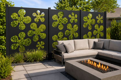 Design 184 Four Petal Clover Laser Cut Metal Privacy Screen Panel installed garden daylight view