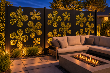 Design 184 Four Petal Clover Laser Cut Metal Privacy Screen Panel installed garden night lighting view