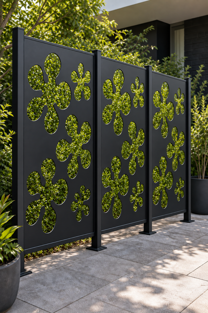 Design 184 Four Petal Clover Laser Cut Metal Privacy Screen Panel oblique angle view