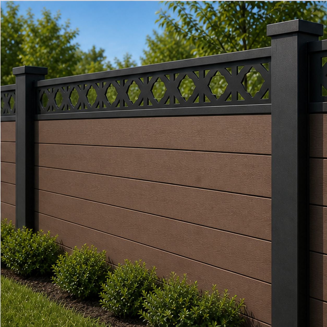 Circle Flower Chain laser cut fence extension panel installed on composite fence, angle view, Design 185