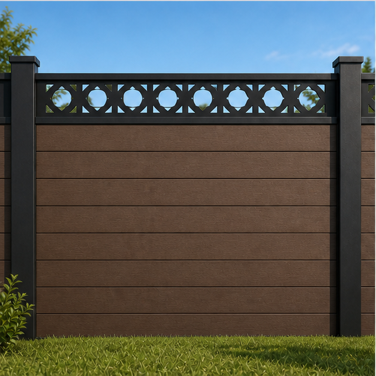 Circle Flower Chain metal fence topper installed above WPC composite privacy fence, front view, Design 185